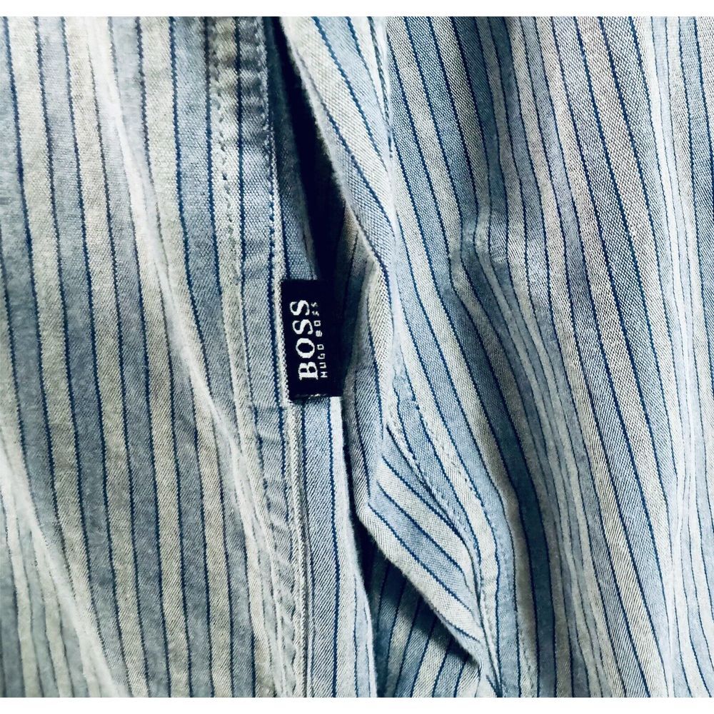 Hugo Boss Mens L Blue Grey Stripe Long Sleeve Button Down Shirt - Picture 5 of 5